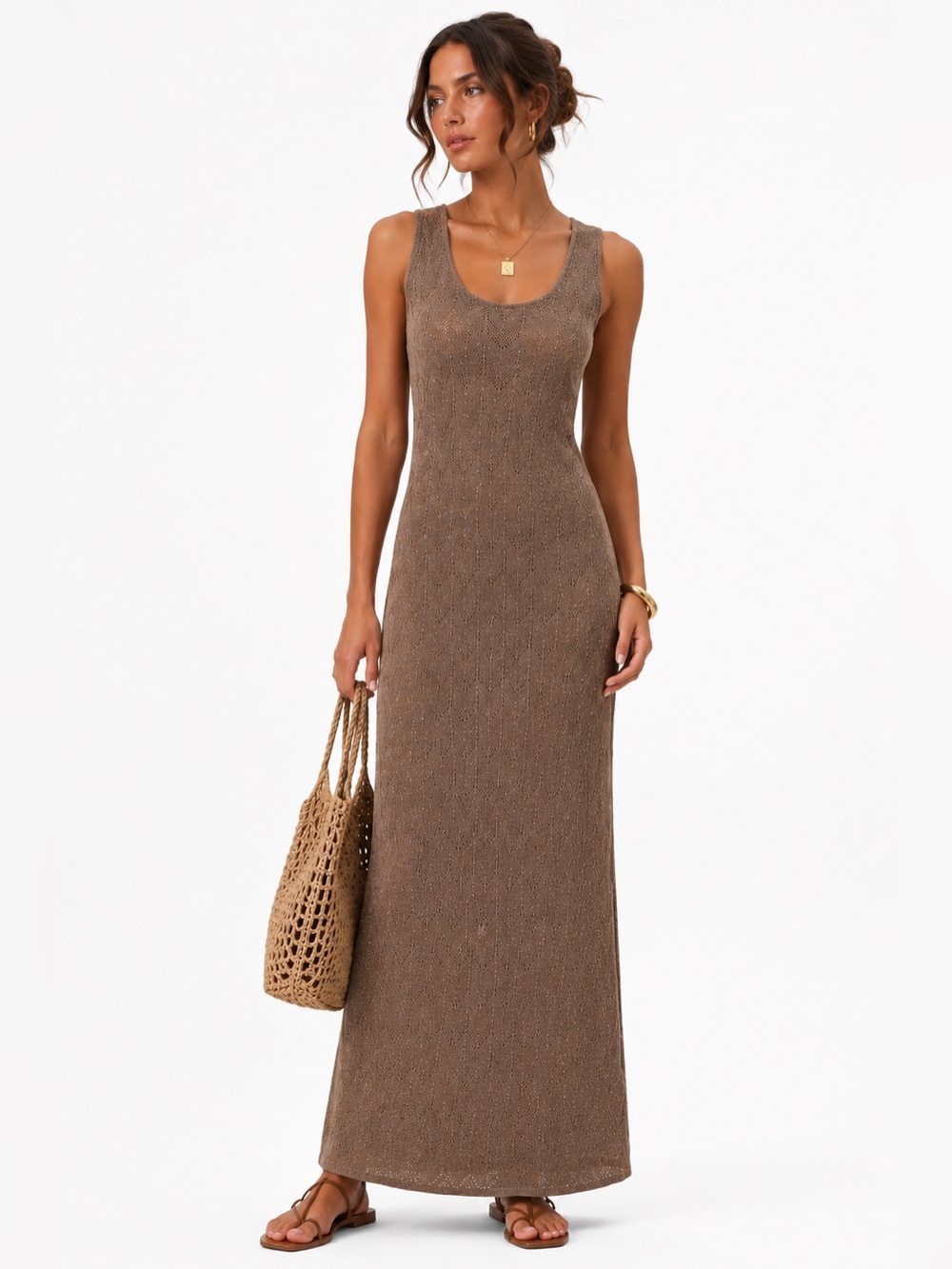 Crochet Maxi Dress Boho Open knit Bronze Brown Coastal Earthy Resortwear Sz 14 L